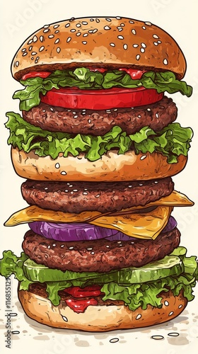 Juicy burger stacked with fresh vegetables served on a wooden table