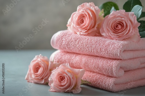 Soft pink towels and fresh roses create a serene spa-like atmosphere for rela...