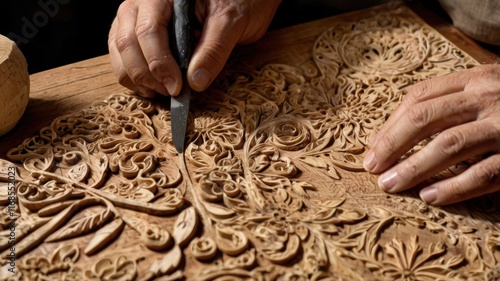 Close-Up of Weathered Hands Carving Wood with Precision