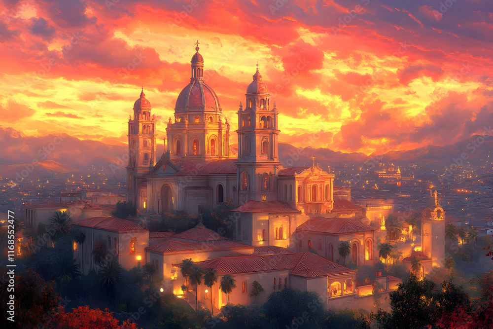 Fototapeta premium Majestic cathedral at sunset overlooking a city.