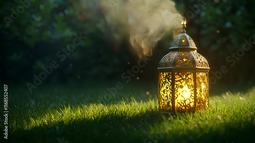 Ornate Golden Lantern with Smoke, Grass Background, 32k Ultra HD, Hyperrealistic, Clean, Sharp Image for Fantasy, Game, Film, and Design Projects photo