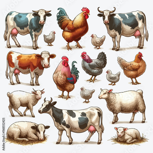 A set of farm animals cows, chickens, sheep. Rural village mammals, livestock, poultry. Digital illustration on a white background. For postcards, stickers, compositions stock illustration