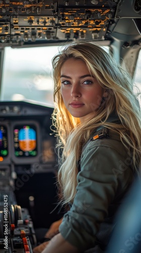 Beautiful pilot in cockpit preparing for flight with a stunning view outside