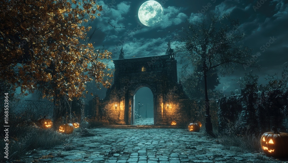 Fototapeta premium A haunted house on an old cobblestone street, surrounded by spooky trees and glowing pumpkins