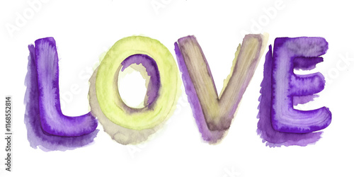 Colorful watercolor letters, artistic love design, vibrant purple hues, creative expression, romantic theme.