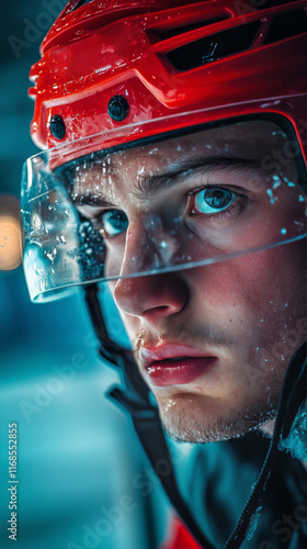 Intense hockey player focused on the game during a snowy arena match