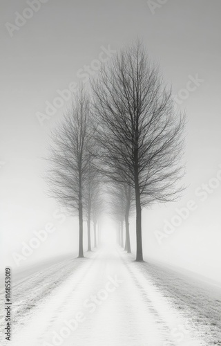 Mysterious foggy pathway lined with bare trees in winter