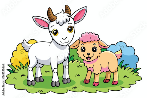 Cute cozy animal friends Goat kid and lamb frolicking in a meadow vector illustration white background B.eps