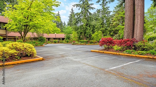 Inviting entrance of a senior care facility with a spacious parking lot and beautifully landscaped garden. Serene and welcoming environment for elderly care.

 photo