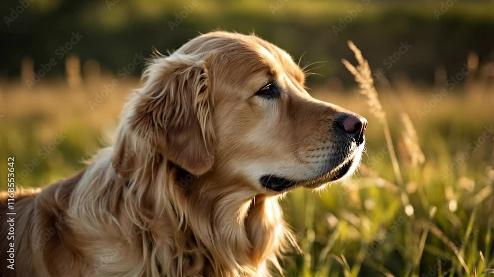 A focused portrait of a golden retriever, its fur glowing in soft sunlight, with a gentle expression and a grassy field blurred in the background. A focused portrait of a golden retriever, its fur glowing in soft sunlight, with a gentle expression and a grassy field blurred in the background.