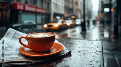 Warm cup of coffee resting on a rainy window ledge beside a newspaper in a co...