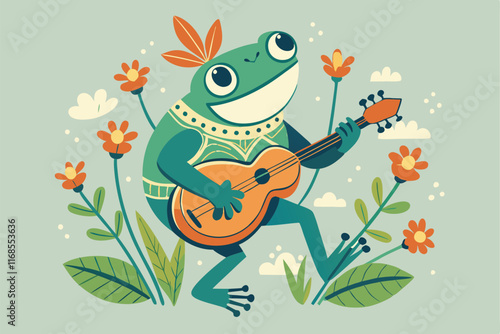 cute frog plying banjo, cottagecore style with flower clean silhouette color illustration A.eps