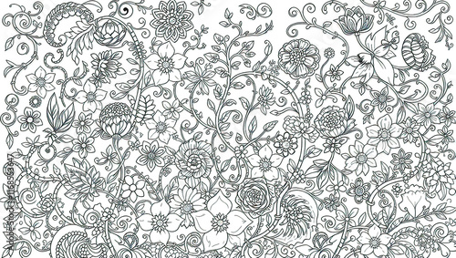 A coloring book with single-line patterns in the form of a fashion trend, vegetation and fantasy, a basis for a tattoo