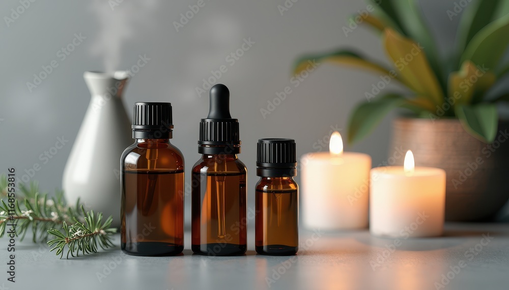 Mockup Essential Oils Bottles on white background with diffuser and candles. Packaging template mockup Mockup Essential Oils Bottles on white background with diffuser and candles. Packaging template mockup
