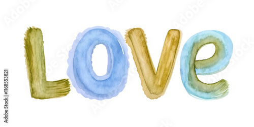 Colorful watercolor letters, artistic love design, vibrant and playful style, perfect for romantic themes.