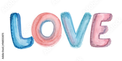 Colorful watercolor letters, artistic love design, vibrant and playful style, perfect for romantic themes.