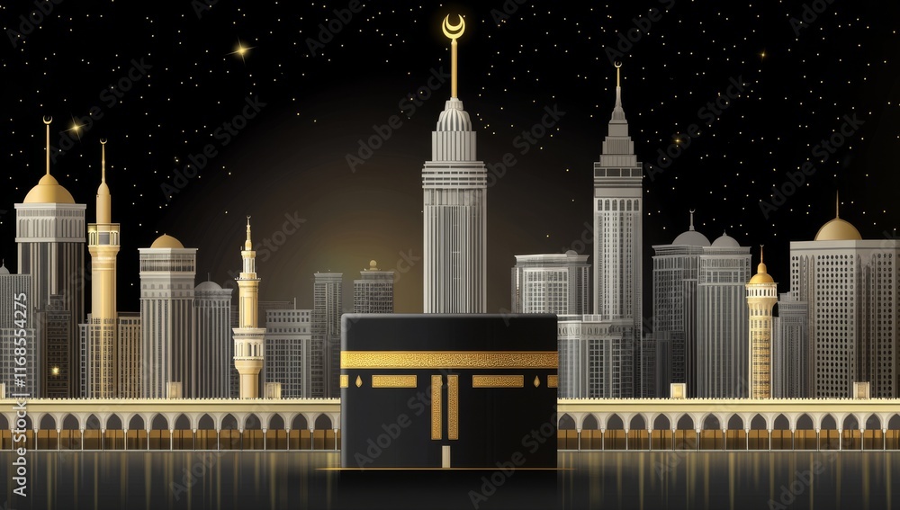 Fototapeta premium Simple line drawing of Kaaba in Mecca with gold lines on black background for Ramadan, Hajj, prayer, and mosque