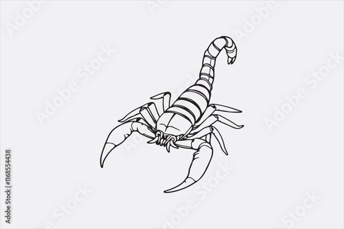 A black and white line drawing of a scorpion with a detailed depiction. photo