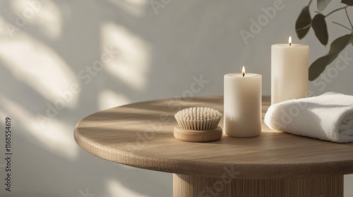 Soft candlelight and natural decor on a wooden table create a serene atmosphere