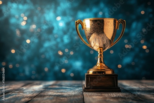 Golden trophy displayed on wooden table against rustic wall background showca...
