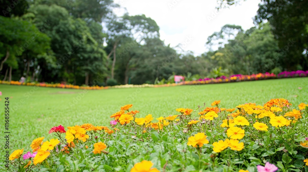 Vibrant Flower Bed in Lush Green Park with Colorful Blossoms Under Clear Sky