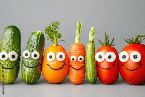 A photograph of several different vegetables with cute eyes and mouths cut out in the shape of happy faces