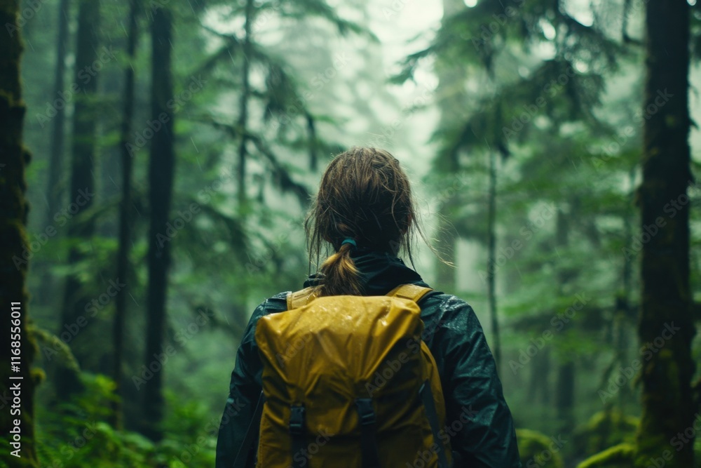 Fototapeta premium Woman Hiking in a Rainy Forest