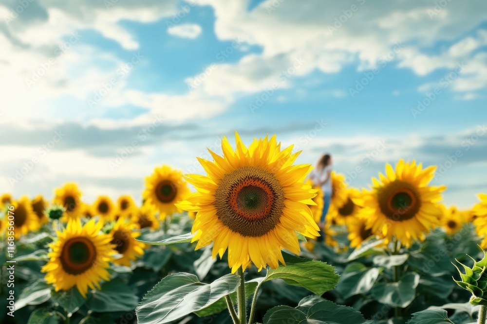 Vibrant sunflowers bloom under a cloudy sky in a vast field during daytime Vibrant sunflowers bloom under a cloudy sky in a vast field during daytime