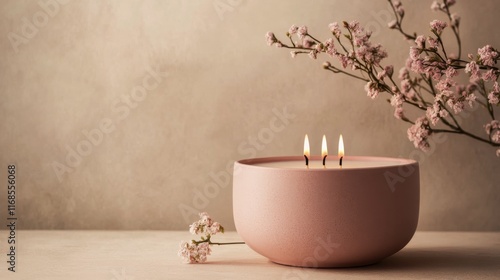 Elegant candle and delicate blossoms create a serene ambiance in a softly lit...