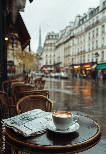 Rainy morning in a Paris cafe with coffee and newspaper on a wooden table photo