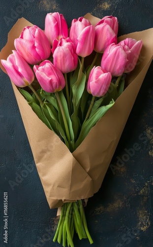Beautiful bouquet of pink tulips wrapped in kraft paper on rustic wooden table