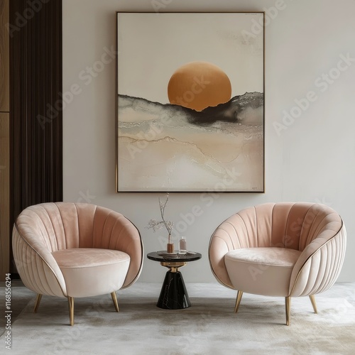 Elegant interior design featuring plush pink chairs and minimal decor in a co...
