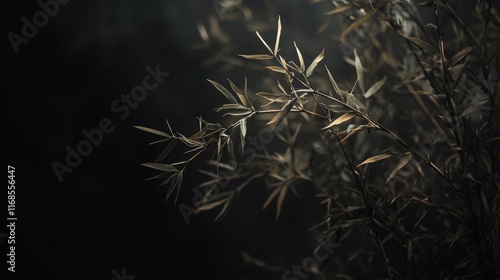 Bamboo leaves illuminated by soft light in dark environment during evening hours