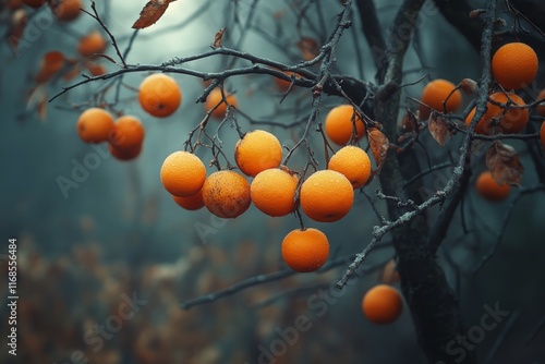 Orange fruits hanging from branches in a misty forest setting during autumn