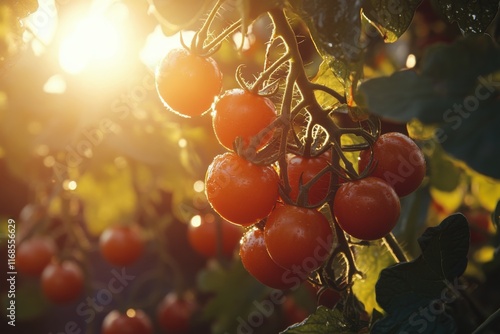 Ripe tomatoes growing in a garden during sunset in a warm climate