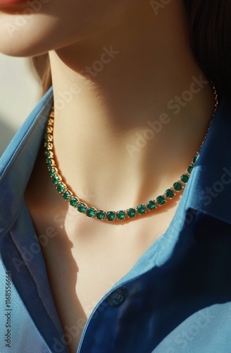 Elegant green gemstone necklace featured on a model outdoors in natural light
