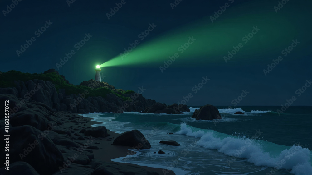 Naklejka premium Lighthouse with green beam shining over rocky beach at night