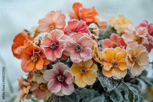 Frost-covered flowers create a stunning contrast against a wintry backdrop in...
