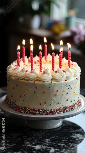 Celebrate a birthday with a beautifully decorated cake topped with lit candle...