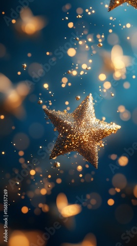 Golden stars shimmering amidst a blue background filled with sparkling light