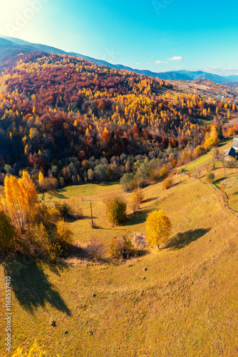 Panoramic view from above of colorful mountain slopes on a sunny autumn day. Beautiful landscape. Carpathian mountains, Kolochava, Ukraine. Vertical photo photo