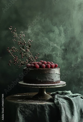 Decadent chocolate cake adorned with fresh raspberries on a dark green backgr...