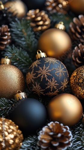 Decorative Christmas ornaments arranged among pinecones on a green background
