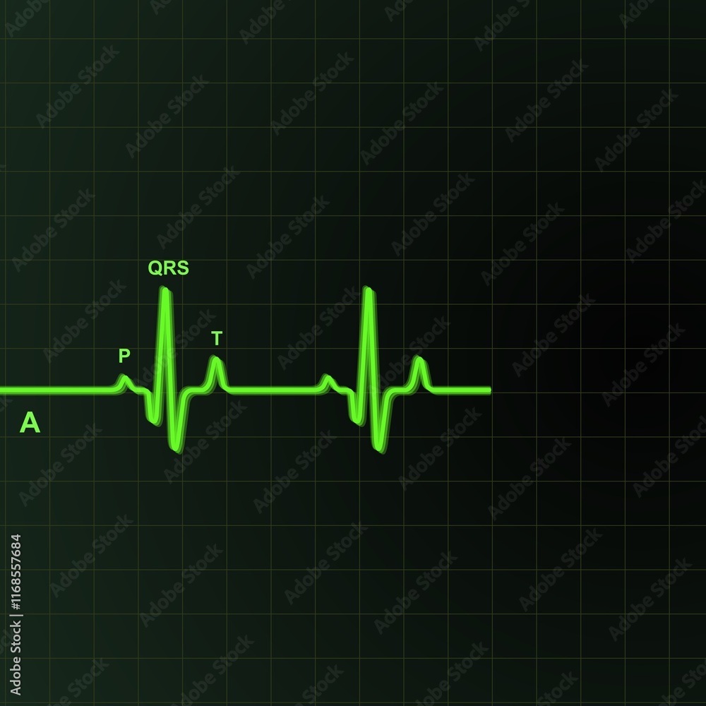 A digital representation of an electrocardiogram (ECG) wave pattern is shown on a grid background, highlighting various segments such as the P, QRS, and T waves with labels. A digital representation of an electrocardiogram (ECG) wave pattern is shown on a grid background, highlighting various segments such as the P, QRS, and T waves with labels.