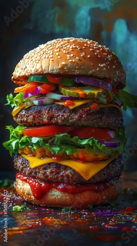 Juicy burger stacked with fresh vegetables served on a wooden table