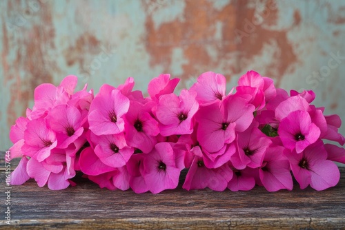 Vibrant pink flowers arranged beautifully on rustic wooden surface