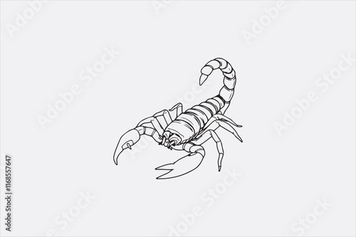 A black and white line drawing of a scorpion with a detailed depiction.