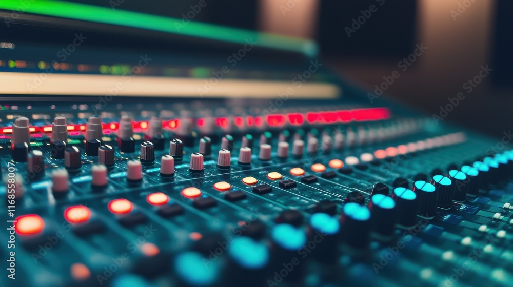 Close-up of a professional audio mixing console with illuminated controls. Close-up of a professional audio mixing console with illuminated controls.