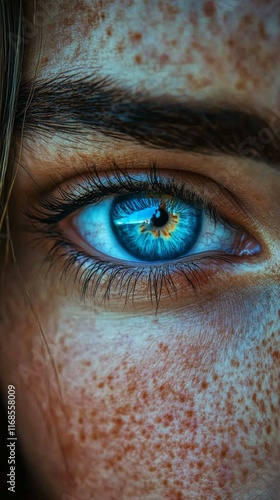 Close-up of a captivating blue eye with freckles and dark hair, showcasing vi...