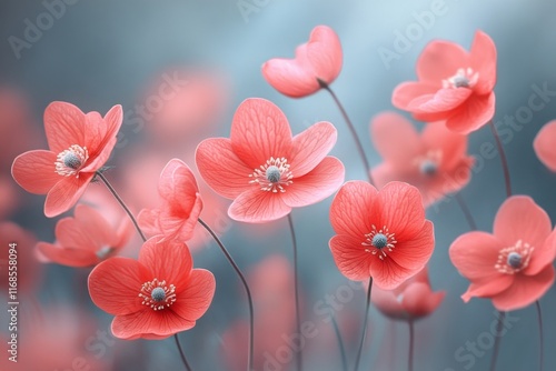 Vibrant red flowers bloom in a serene garden setting under soft natural light